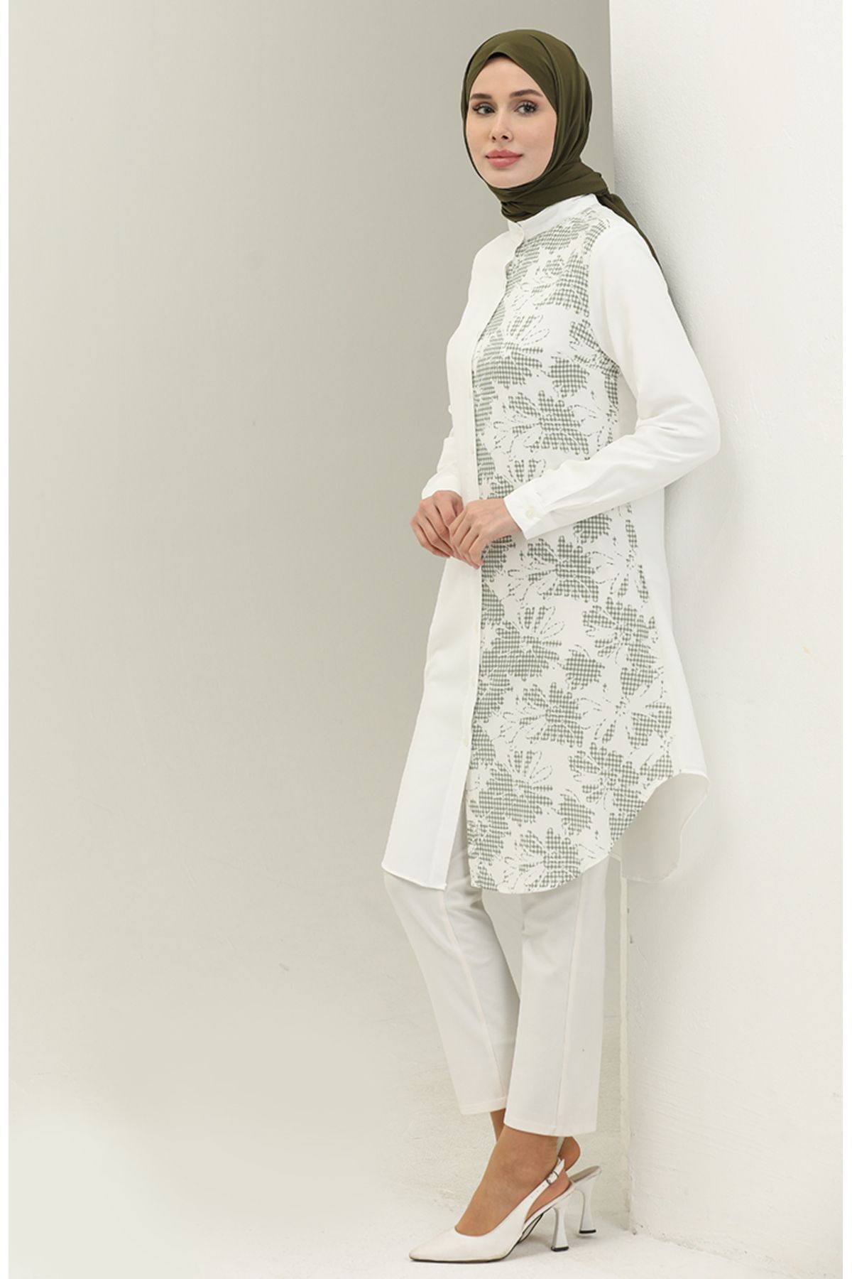 sefamerve-Khaki Viscose Printed Tunic - 2557-01 Model 2