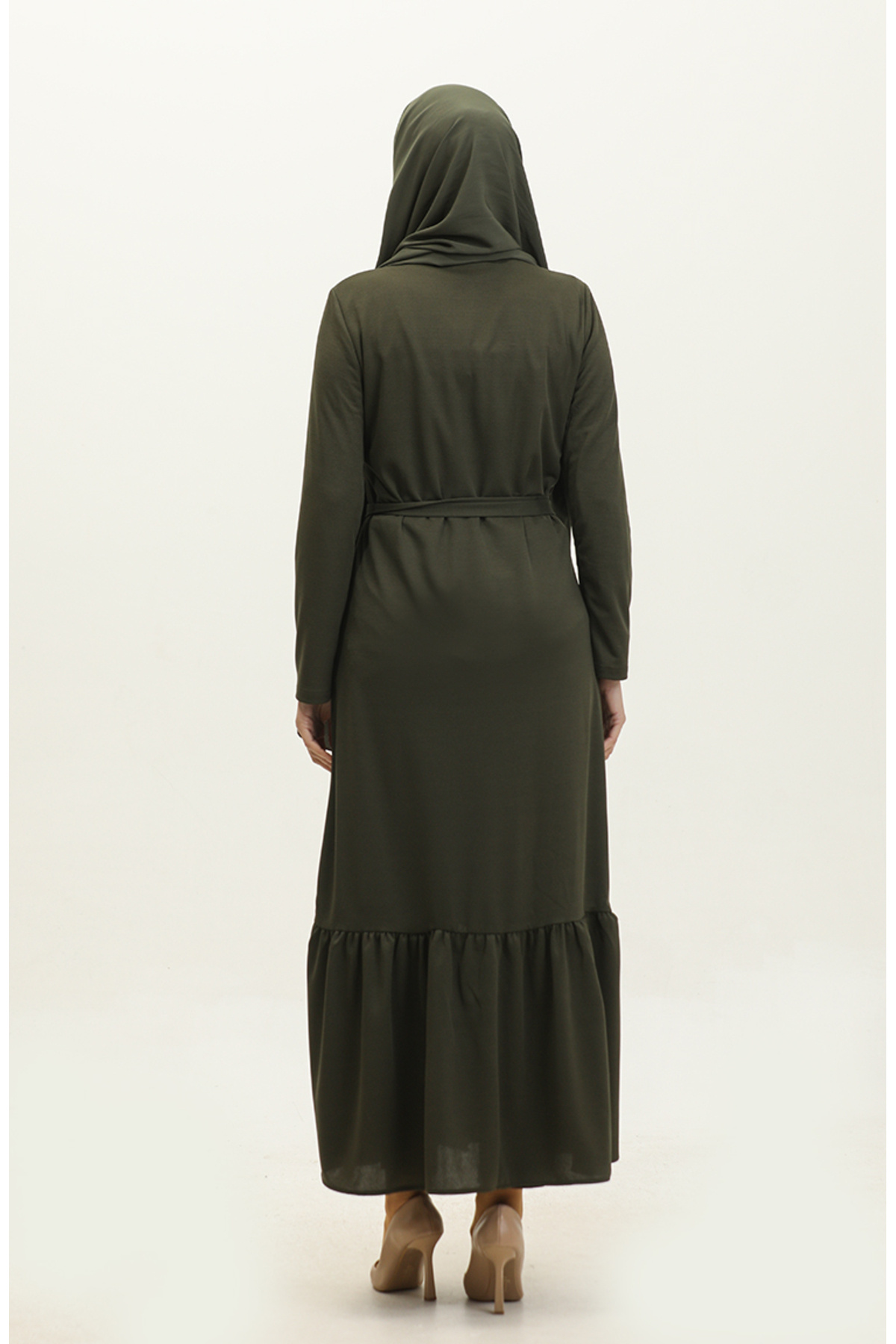 sefamerve-Khaki Ferace – mit Kordelzug am Saum und Gürtel 0703-03 5