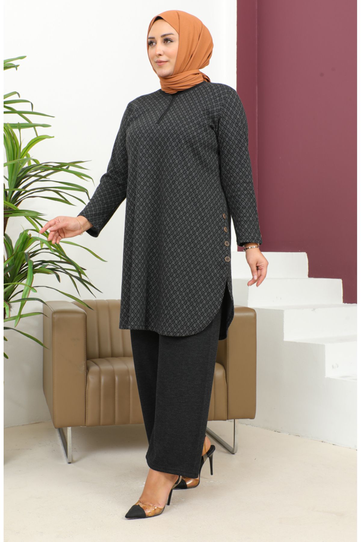 sefamerve-Motif Patterned Tunic Trousers Double Set 2692A-01 Black 2