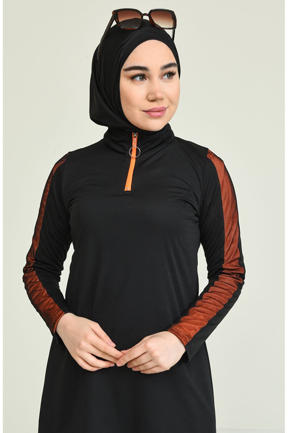 sefamerve-2207-02 Modell Mesh Schwarz Orange Hijab Badeanzug 4