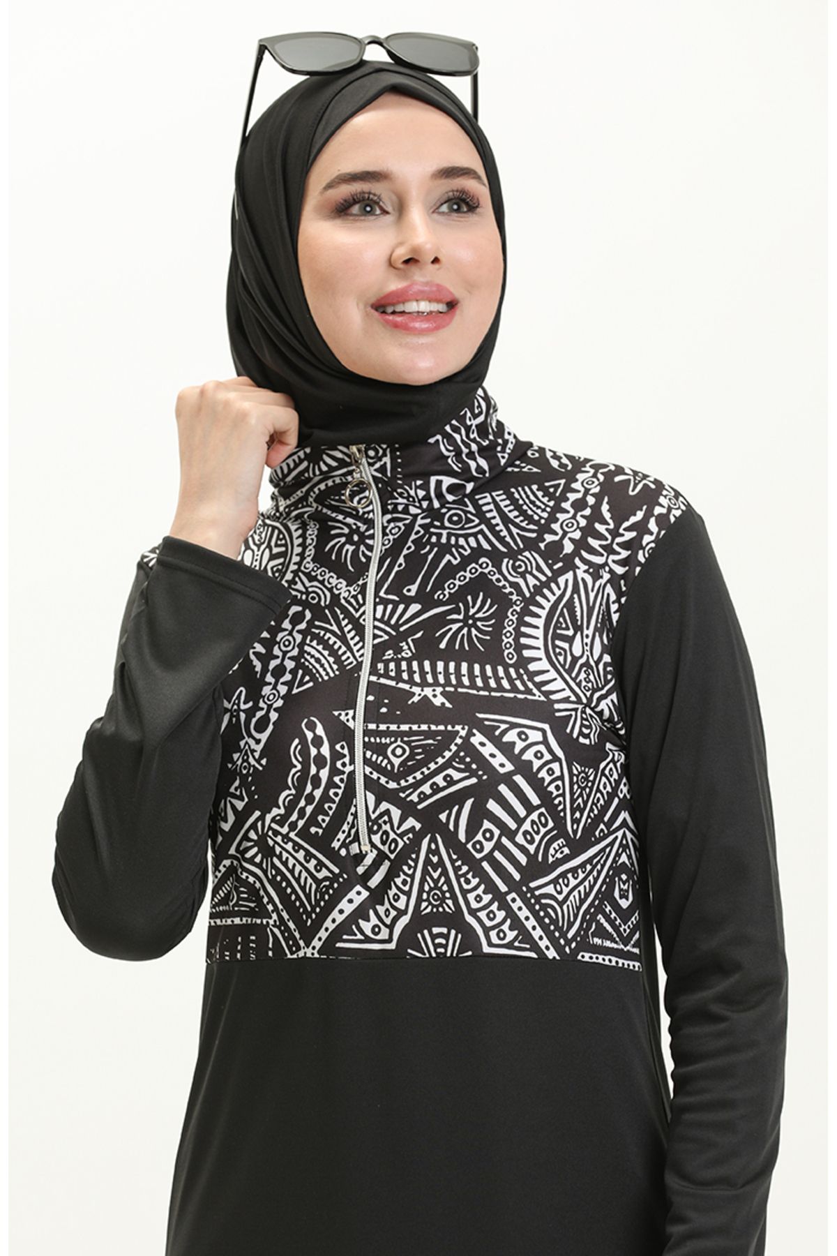 sefamerve-Gemusterter Hijab-Badeanzug 2313-01 Schwarz 3