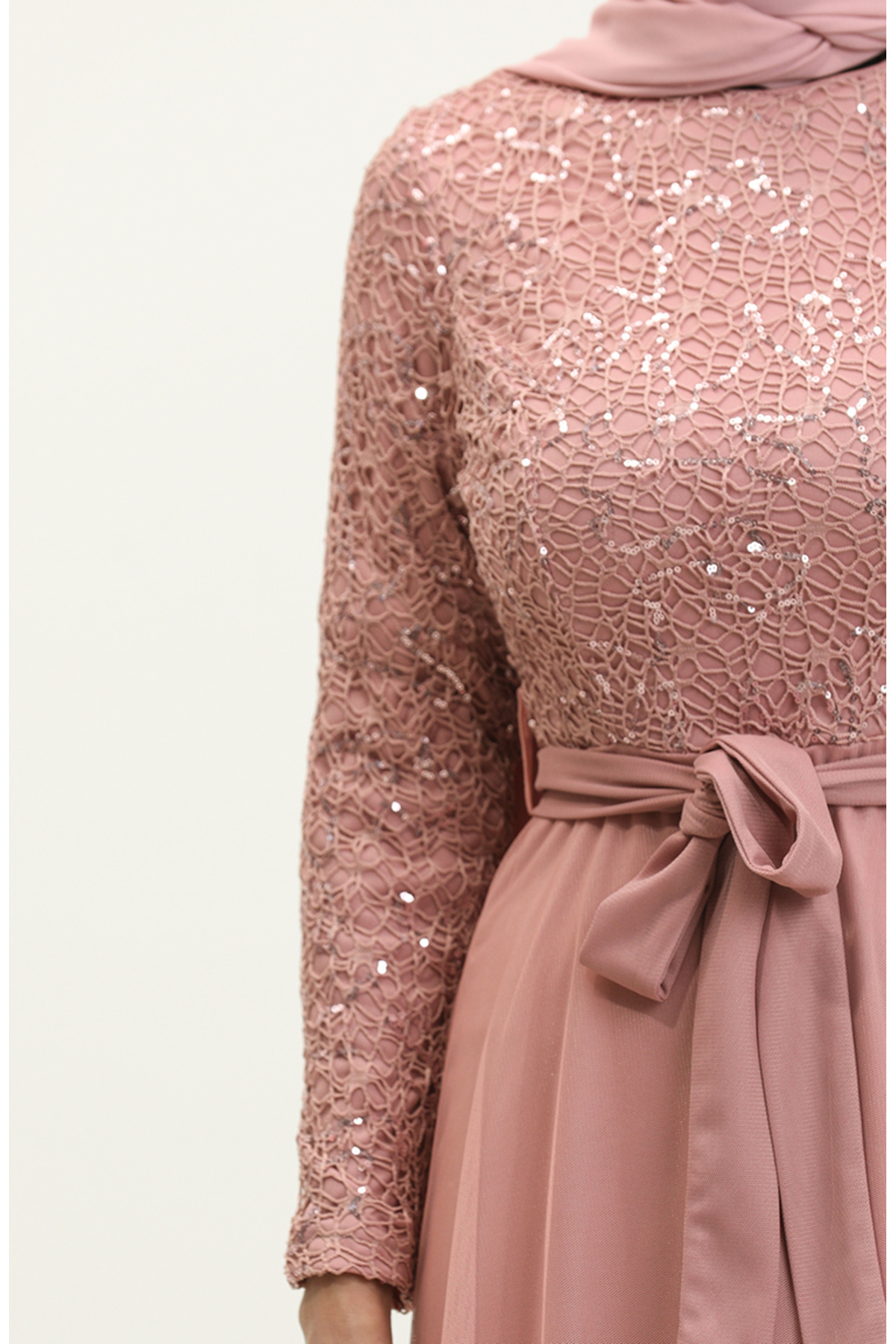 sefamerve-Belted Lace Evening Dress - 5353A-20 Dark Powder 4