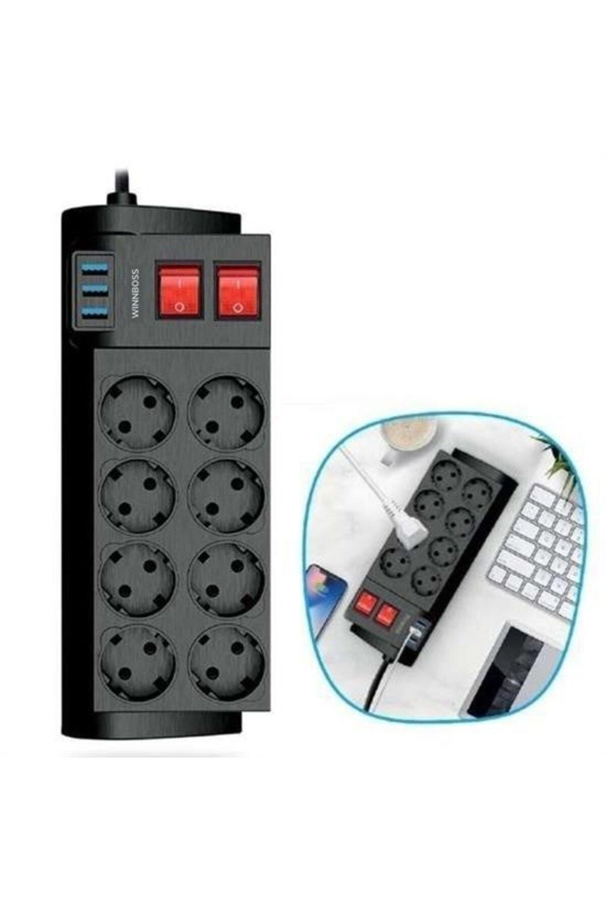 Evinso ® Isıya Dayanıklı Termal Akım Korumalı 2 Metre 16a 4000w 8li Priz Ve 3 Usb Li Uzatma Kablosu