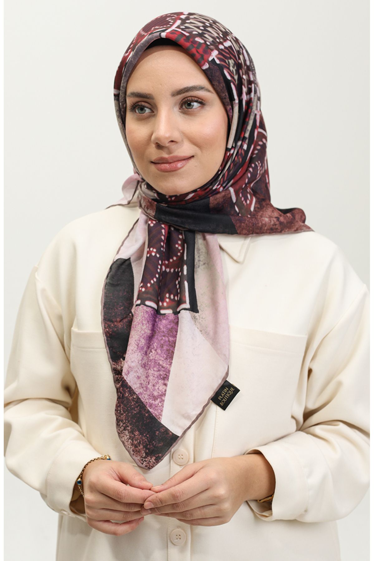 sefamerve-Mint Green Red Patterned Soft Scarf 2067-05 2