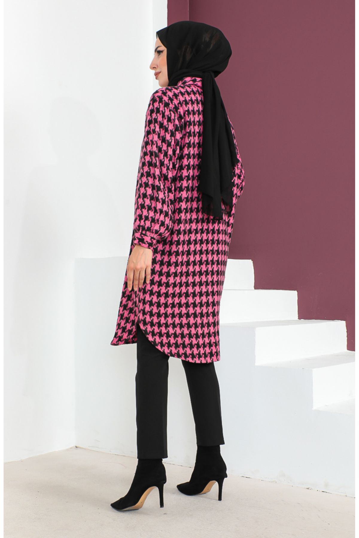 sefamerve-Fuchsia Houndstooth Patterned Tunic - 23k8763-01 5