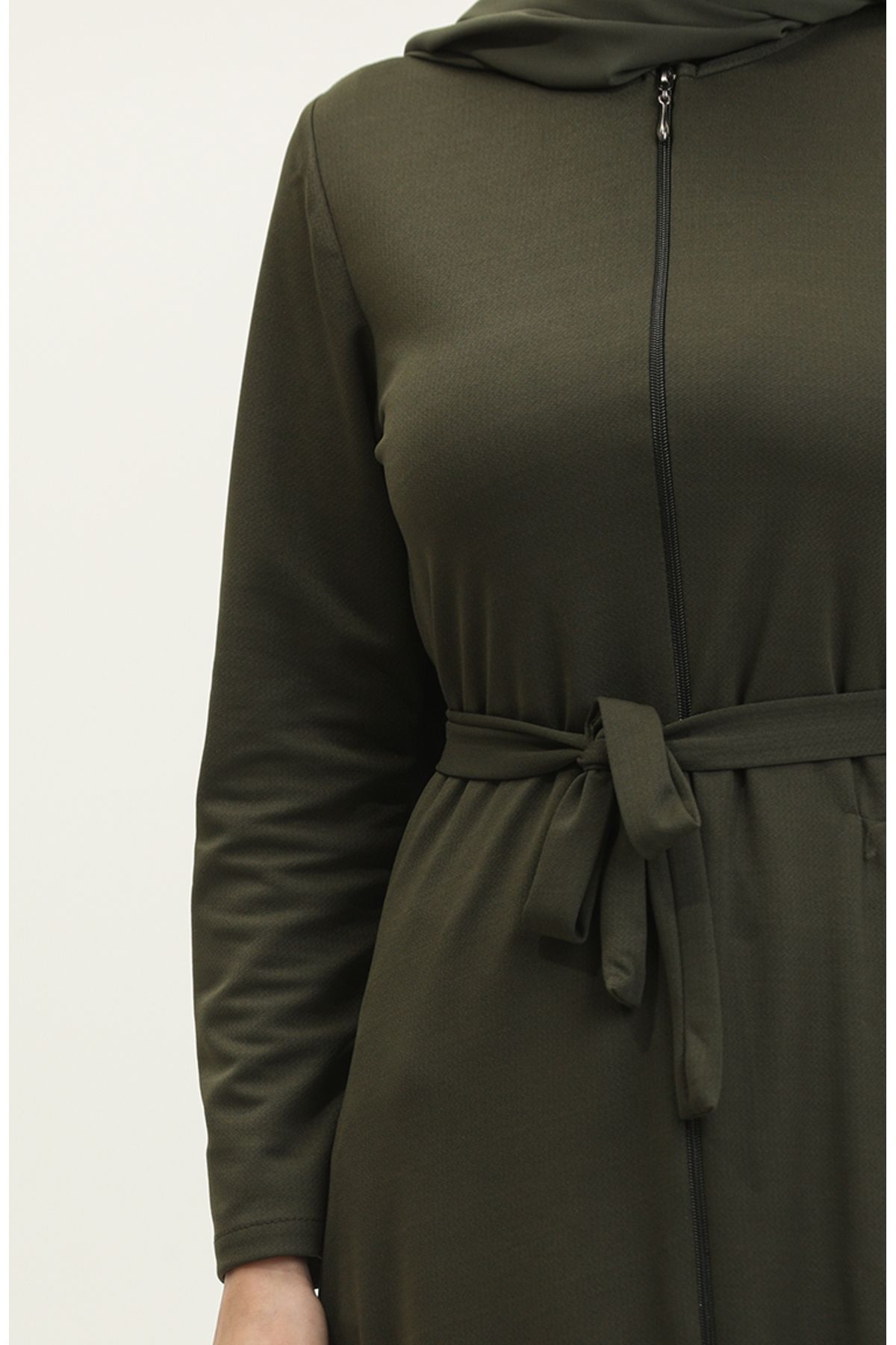 sefamerve-Khaki Ferace – mit Kordelzug am Saum und Gürtel 0703-03 4