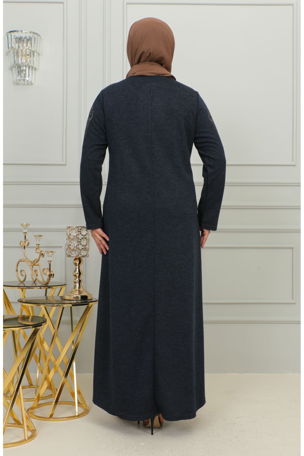 sefamerve-Φόρεμα Navy Blue Viscose Embroidered Plus Size - 4958-02 5