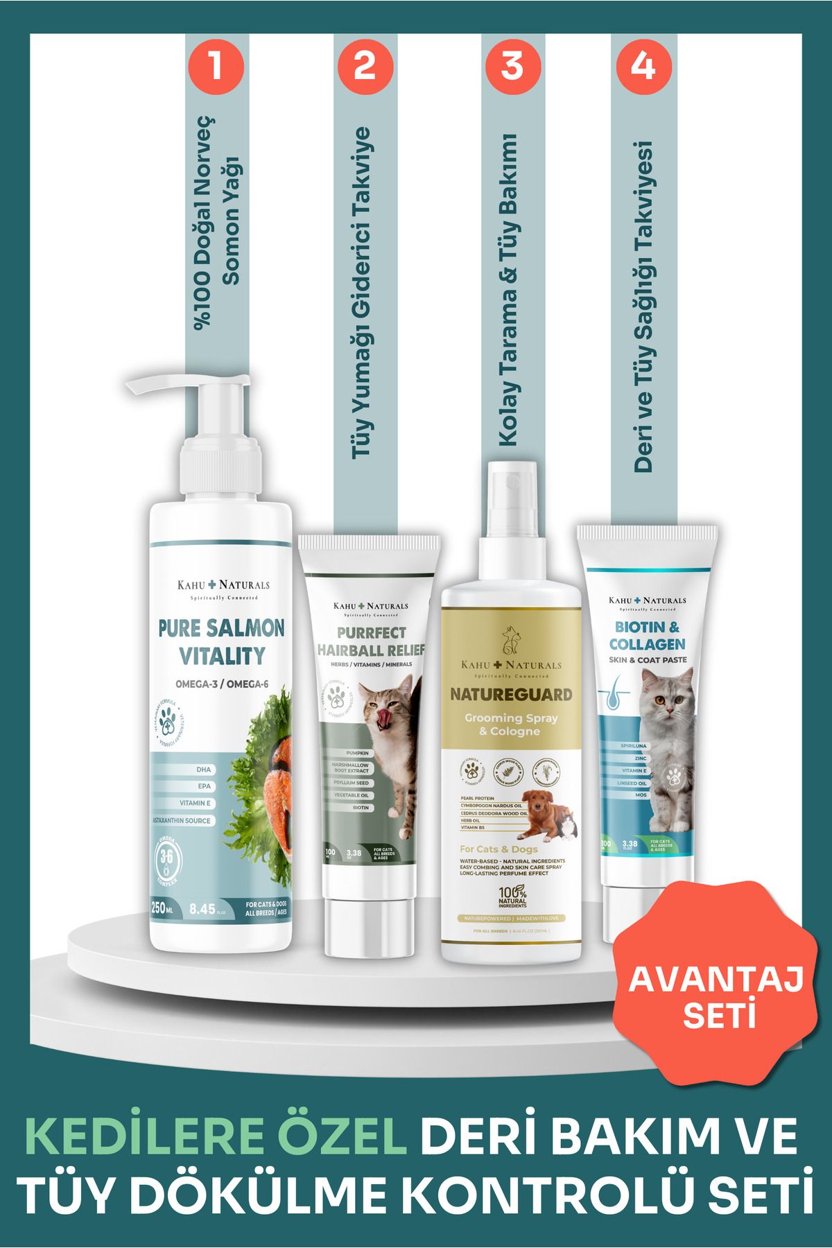 Kahu Naturals Spiritually Connected Kedilere Özel Deri Bakım ve Tüy Dökülme Kontrol Seti 4’lü