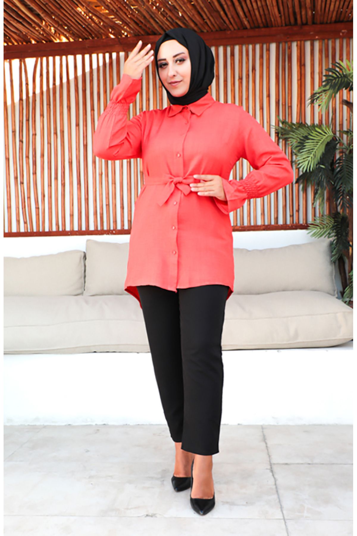 sefamerve-Pomegranate Flower Patterned Large Size Belted Tunic - 2033-03 3
