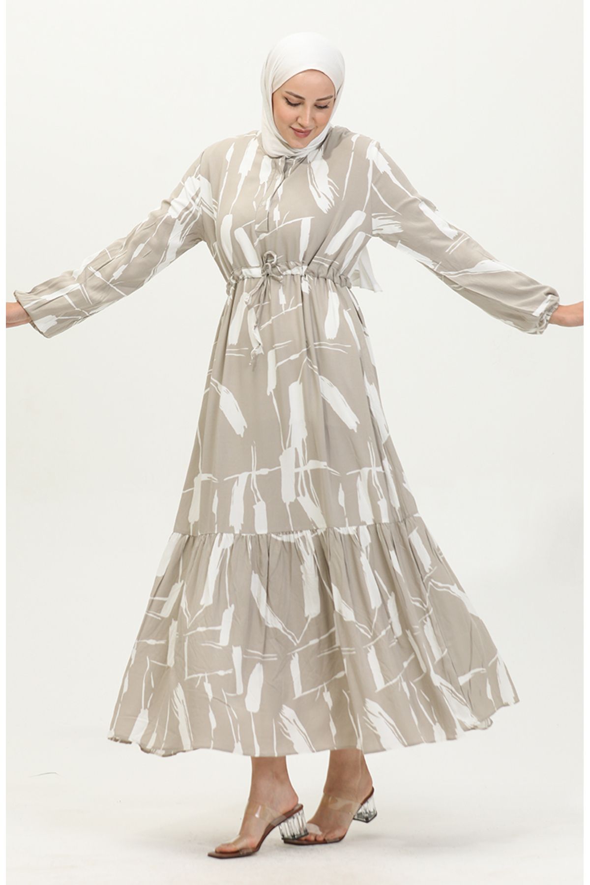 sefamerve-Mink Colored Viscose Dress - Brush Pattern and Drawstring 81869-02 1