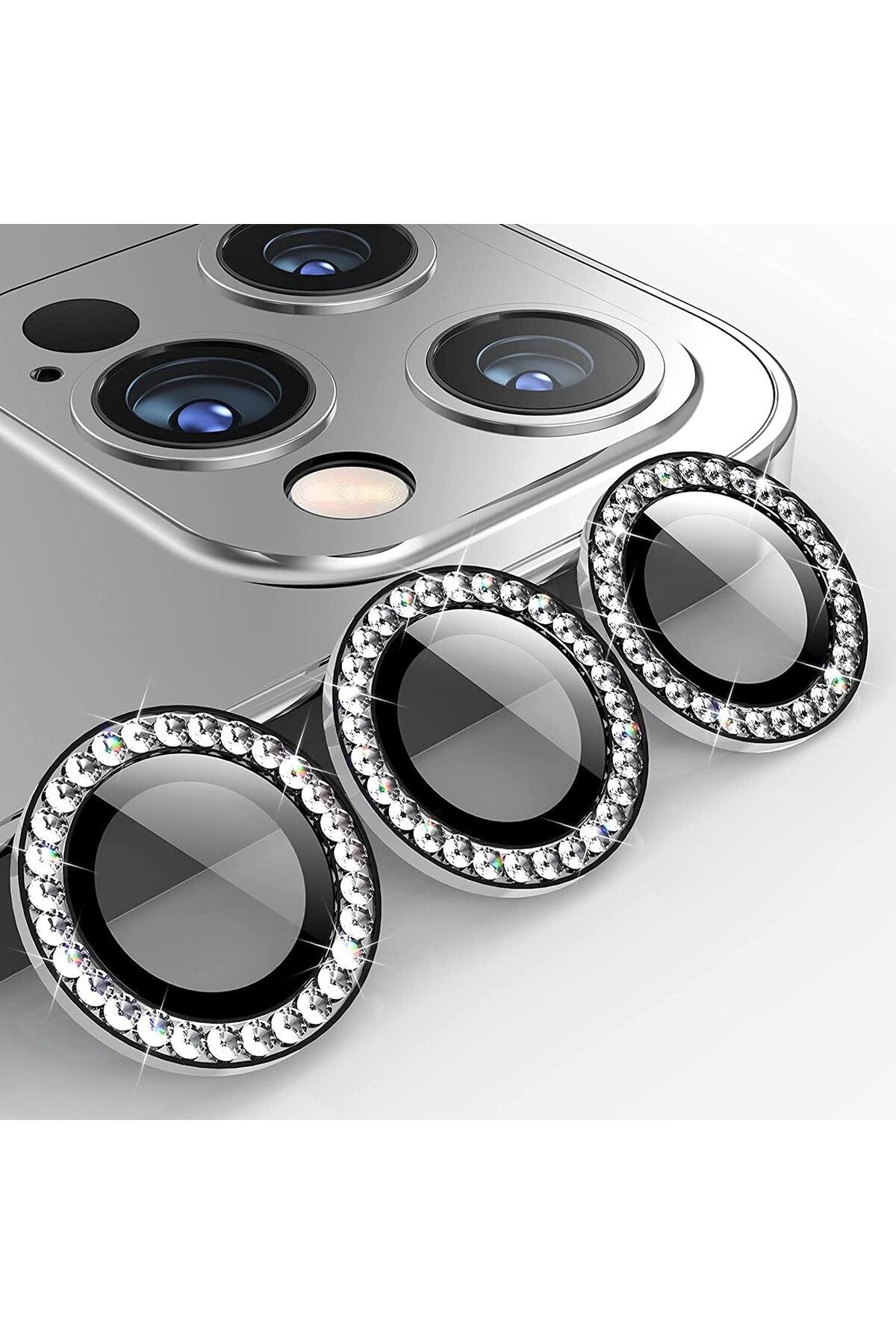 STOREMAX OZN 15 Pro/iPhone 15 Pro Max Elmas Taşlı Lens Koruyucu Premium Kalite ve Görünüm Gümüş Renk