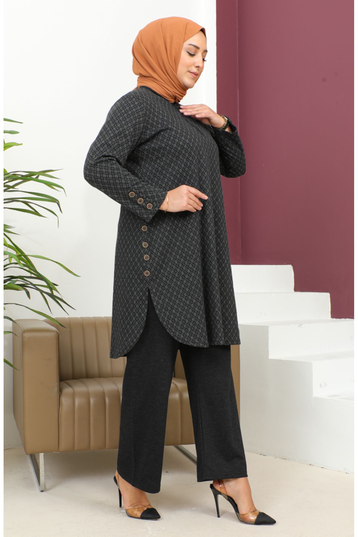 sefamerve-Motif Patterned Tunic Trousers Double Set 2692A-01 Black 3
