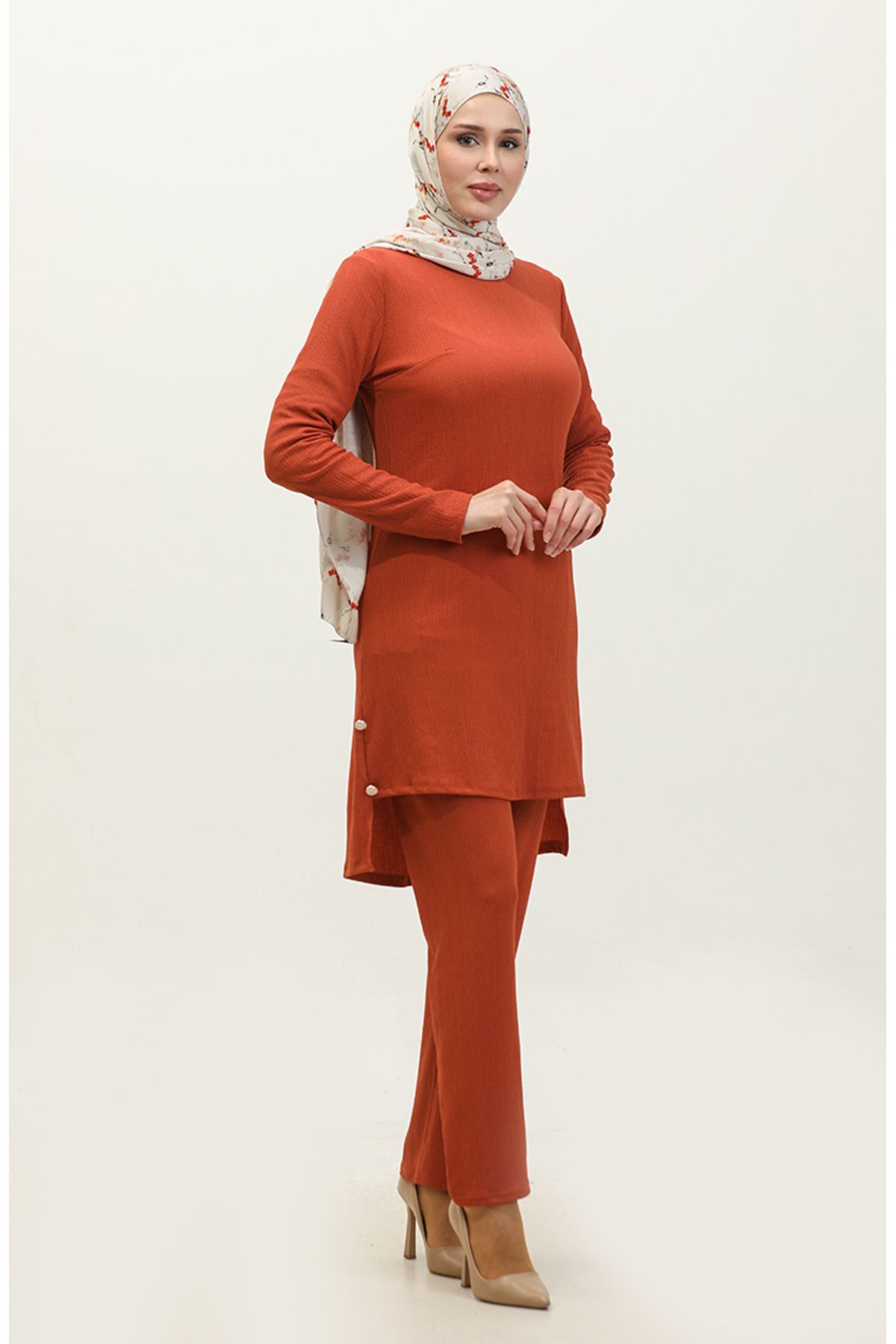 sefamerve-Brick Color Tunic and Trousers Double Set - Button Detail 0101DA-03 2