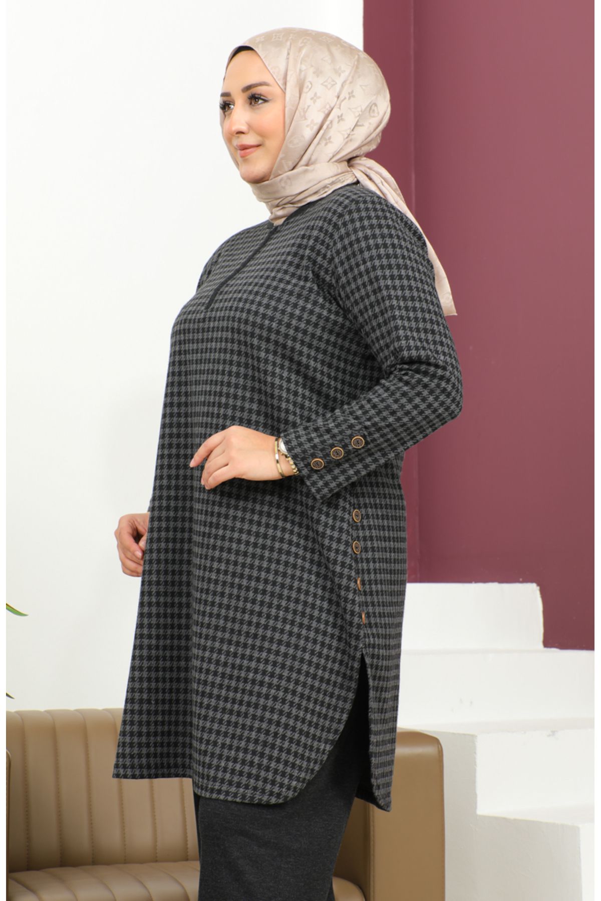 sefamerve-Black Large Size Double Set - Houndstooth Patterned 2692K-01 4