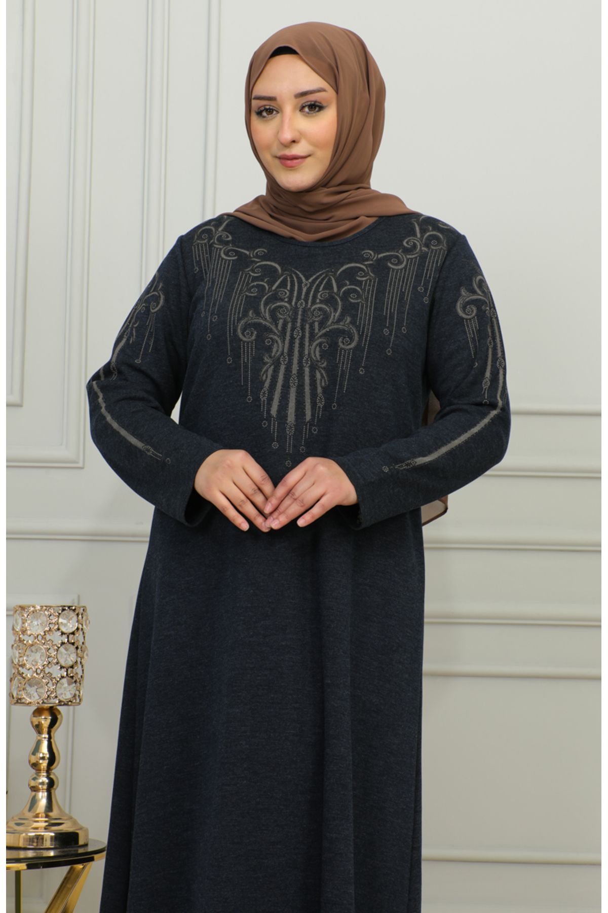 sefamerve-Φόρεμα Navy Blue Viscose Embroidered Plus Size - 4958-02 4