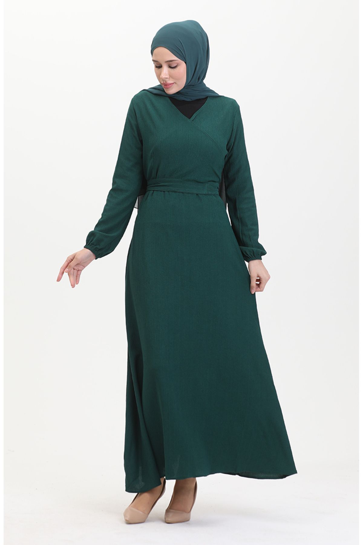 sefamerve-Sukienka z wiązaniem z boku i owijanym materiałem 1033-04 Emerald Green 2