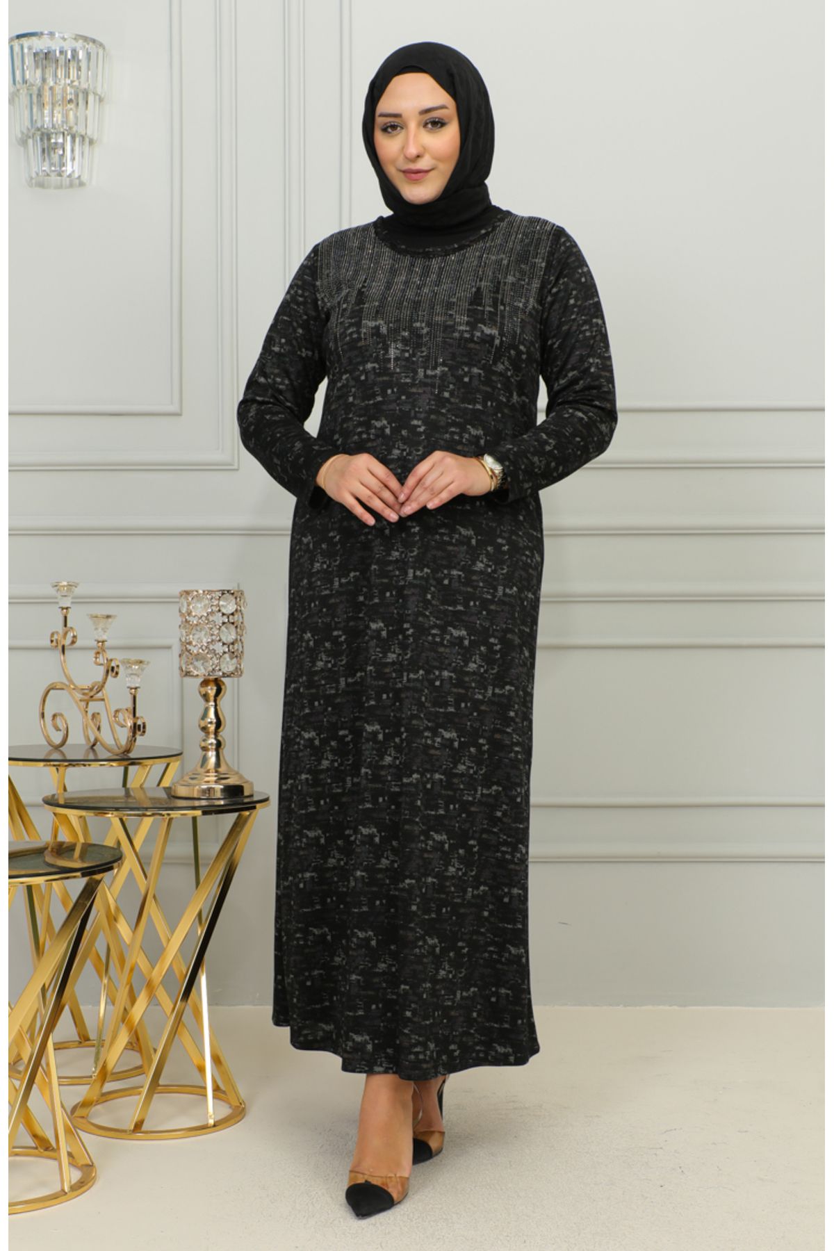 sefamerve-Plum Patterned Stone Printed Plus Size Dress - 4425C-04 1
