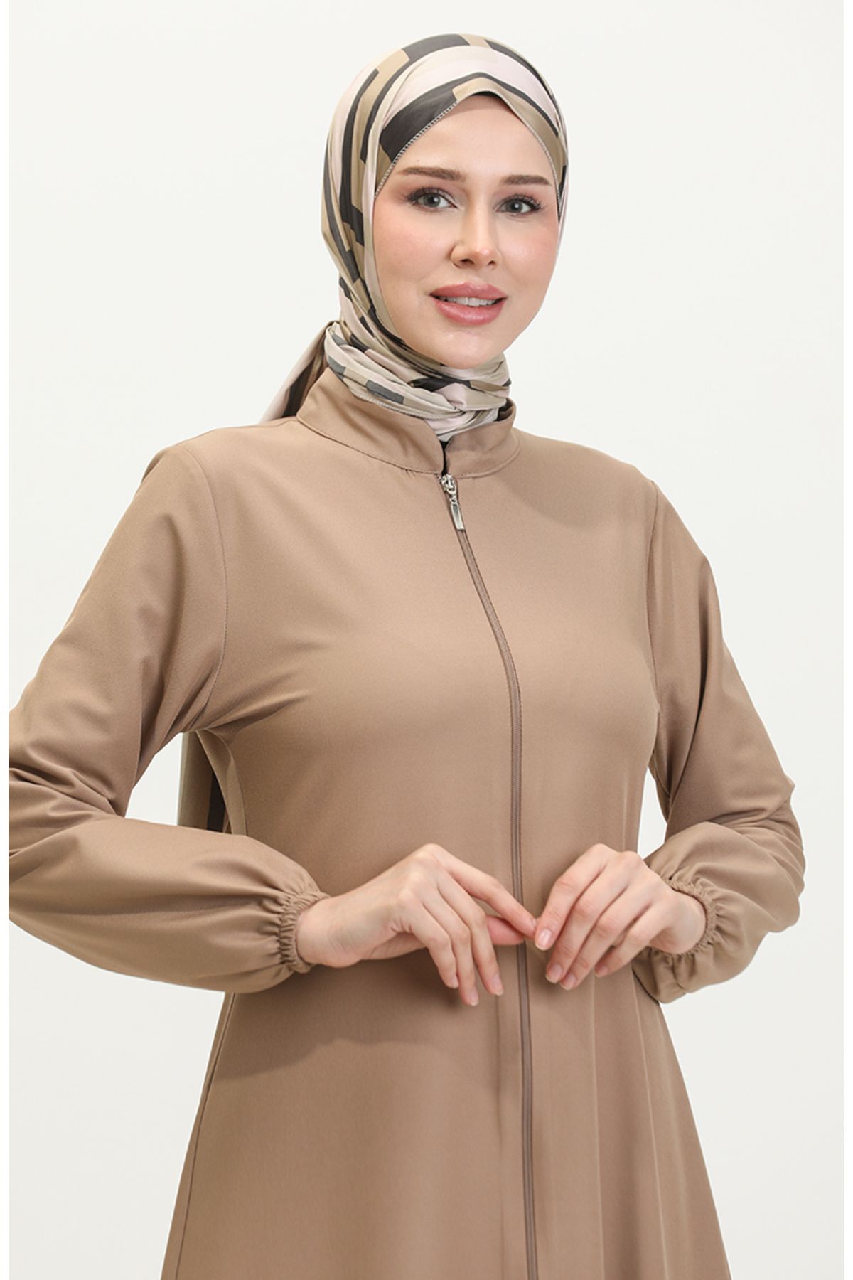 sefamerve-Beige Plain Ferace - Arm End with Elastics and Zipper 1013-04 4