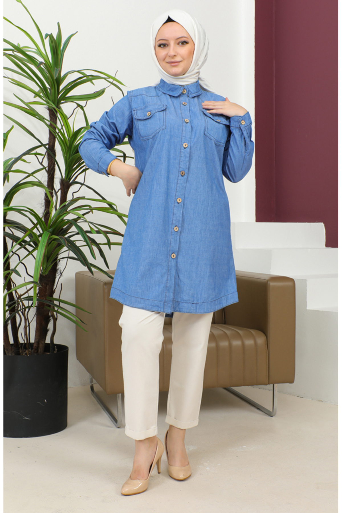 sefamerve-Cămașă lungă din denim cu nasturi - 30361-02 Albastru 3