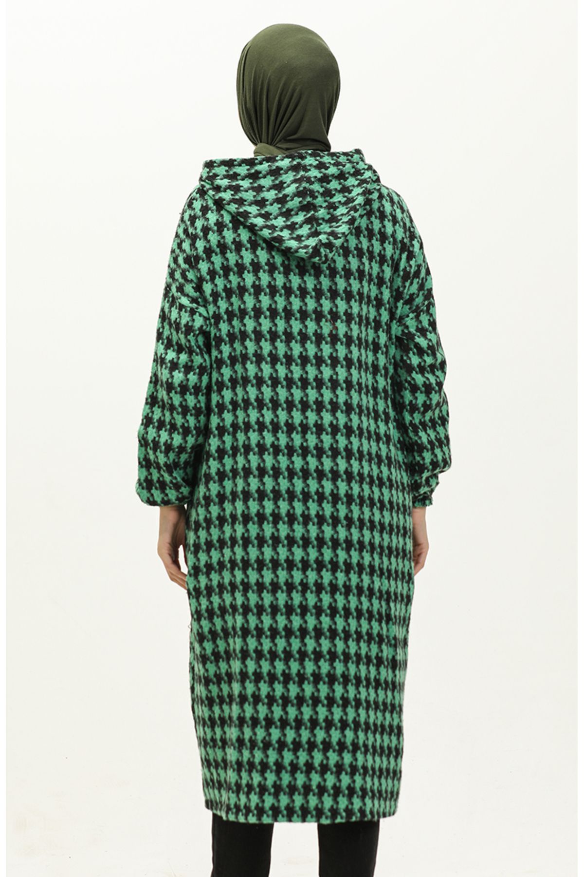 sefamerve-Emerald Green Houndstooth Patterned Zippered Cap - 0178-03 5