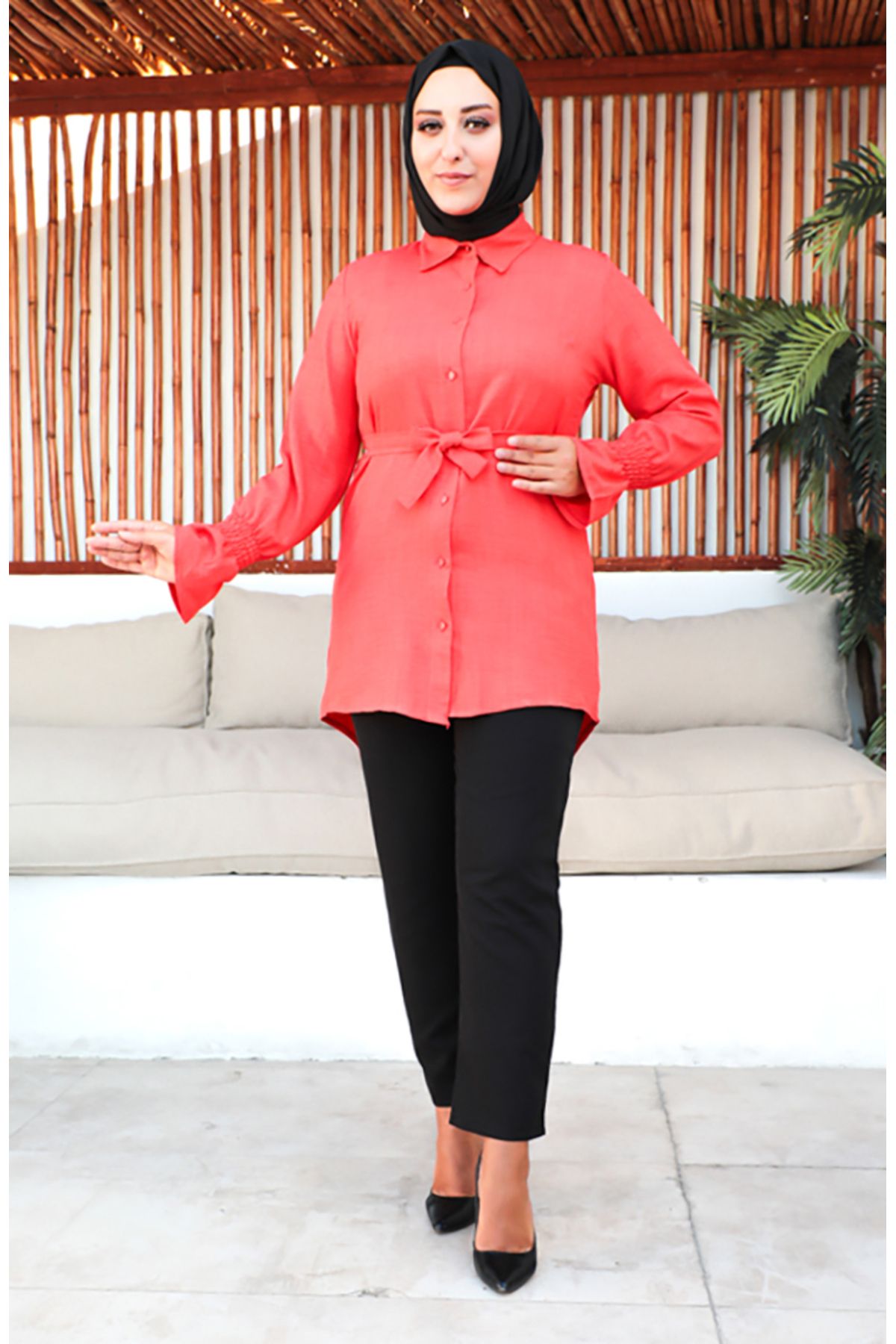 sefamerve-Pomegranate Flower Patterned Large Size Belted Tunic - 2033-03 2