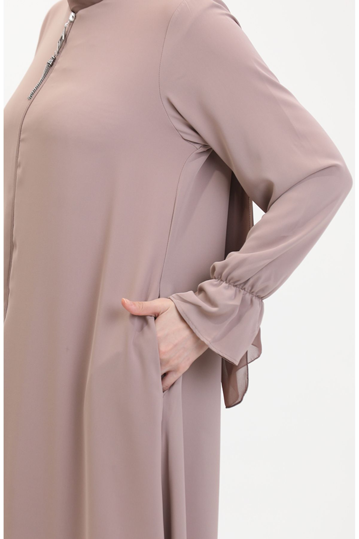 sefamerve-Mink Colored Ferace with Zipper and Elastic Arm - 0513-02 5
