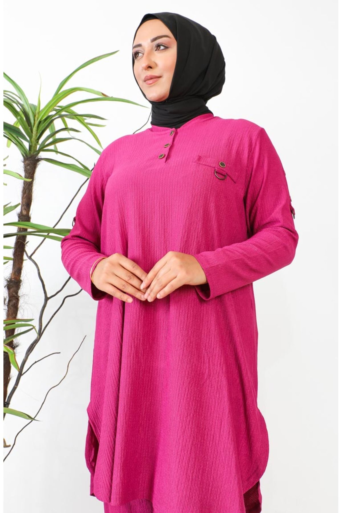 sefamerve-Fuchsia Tunic and Trousers Plus Size Set 2691-09 3