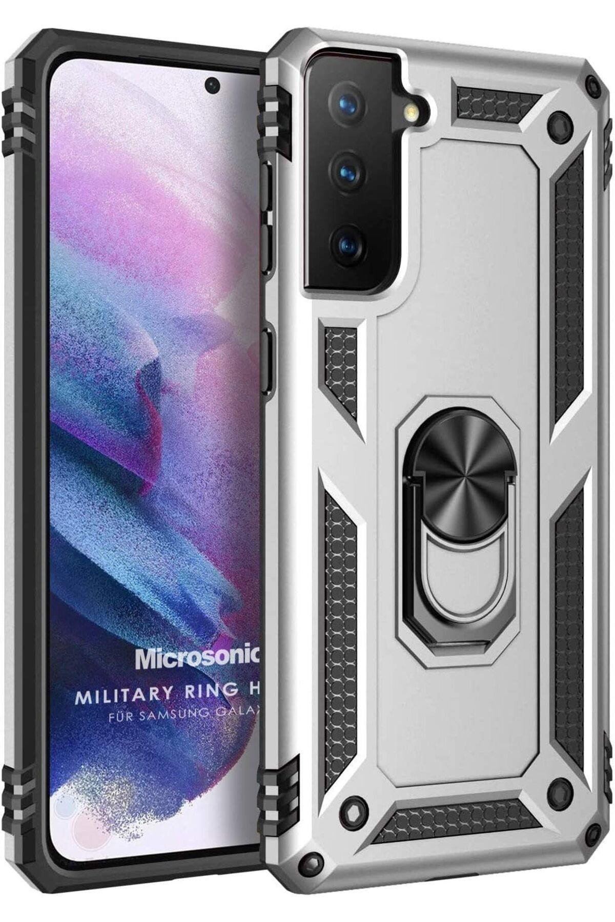 STOREMAX ELZ Galaxy S21 için Kılıf Military Ring Holder Gümüş [Galaxy S21 ile Uyumlu Kılıf - Gümüş