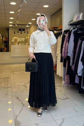 Vosse Ekol Siyah Pileli Tam Boy Astarlı Etek