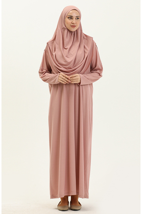 sefamerve Çantalı Büyük Beden Pratik Namaz Elbisesi 1975-10 Gül Kurusu