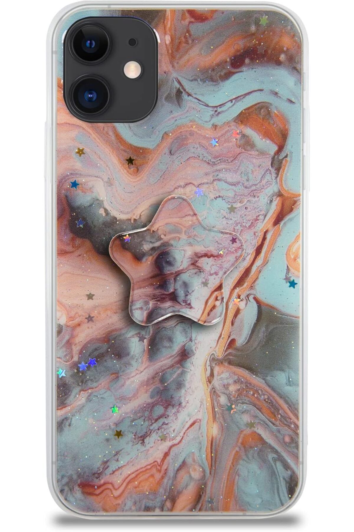 STOREMAX İletişim iPhone 11 ile Uyumlu Kapak Mermer Desenli Pop Socketli Silikon Kılıf - Mercan TrendBa