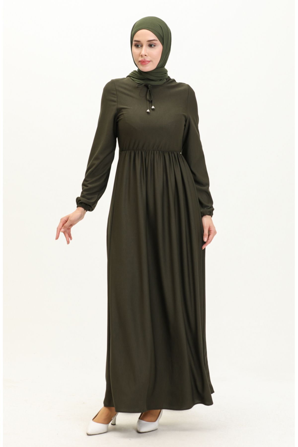 sefamerve-Khakifarbenes Kleid mit Kordelzug an der Taille – 0575-01 1