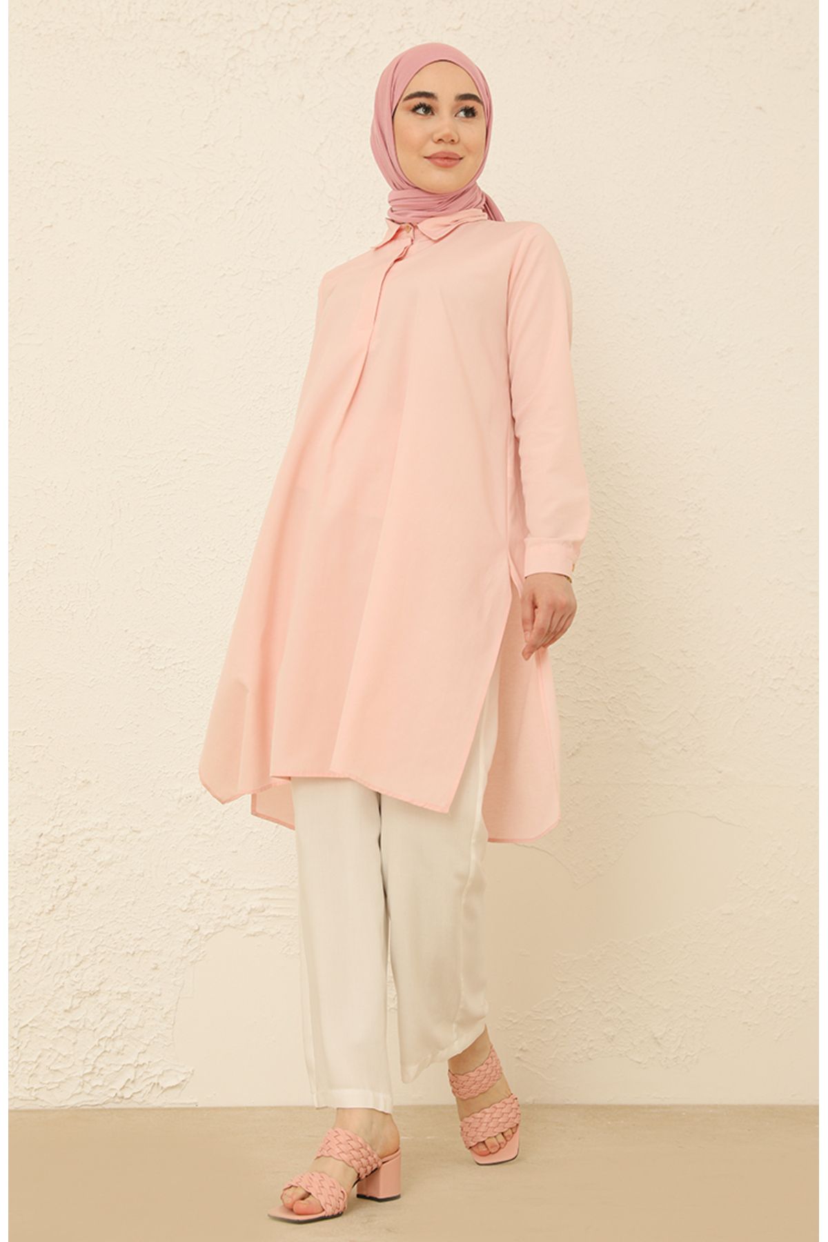 sefamerve-Salmon Tunic with Hidden Buttons and Slits 6478-17 3