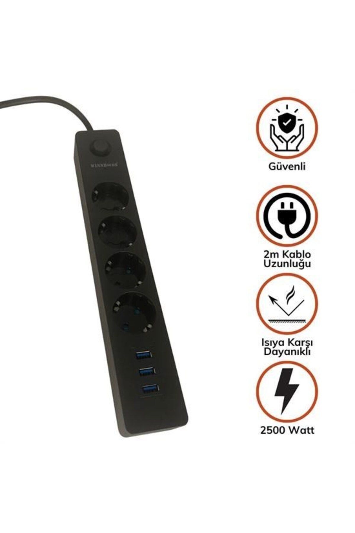 Eldenör ® Termak Akım Korumalı 4 Priz 3 USB Girişli Uzatma Kablosu Güç&Şarj