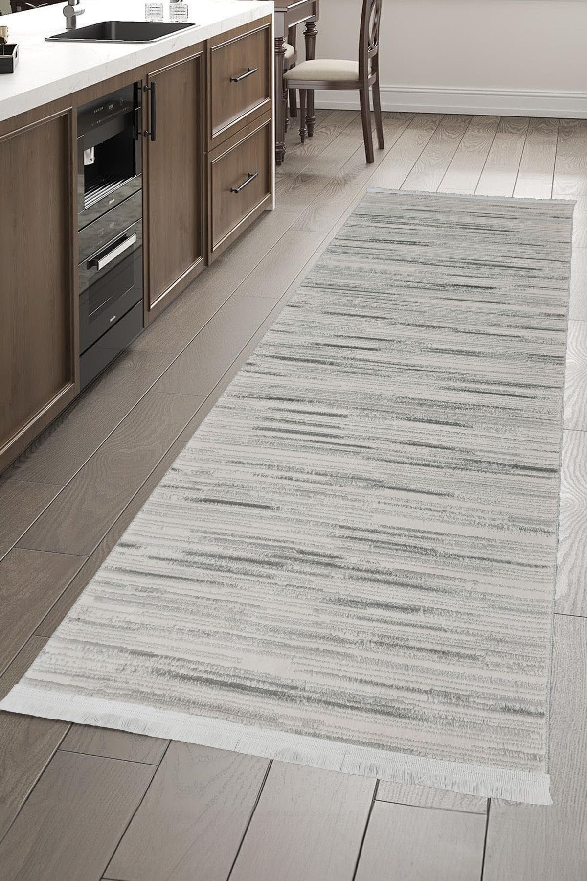 ünalcarpet %100 Akrilik (Yün) Kalın Dokuma Kesme Yolluk Hol Koridor Antre Mutfak Yatak Odası Gri Beyaz