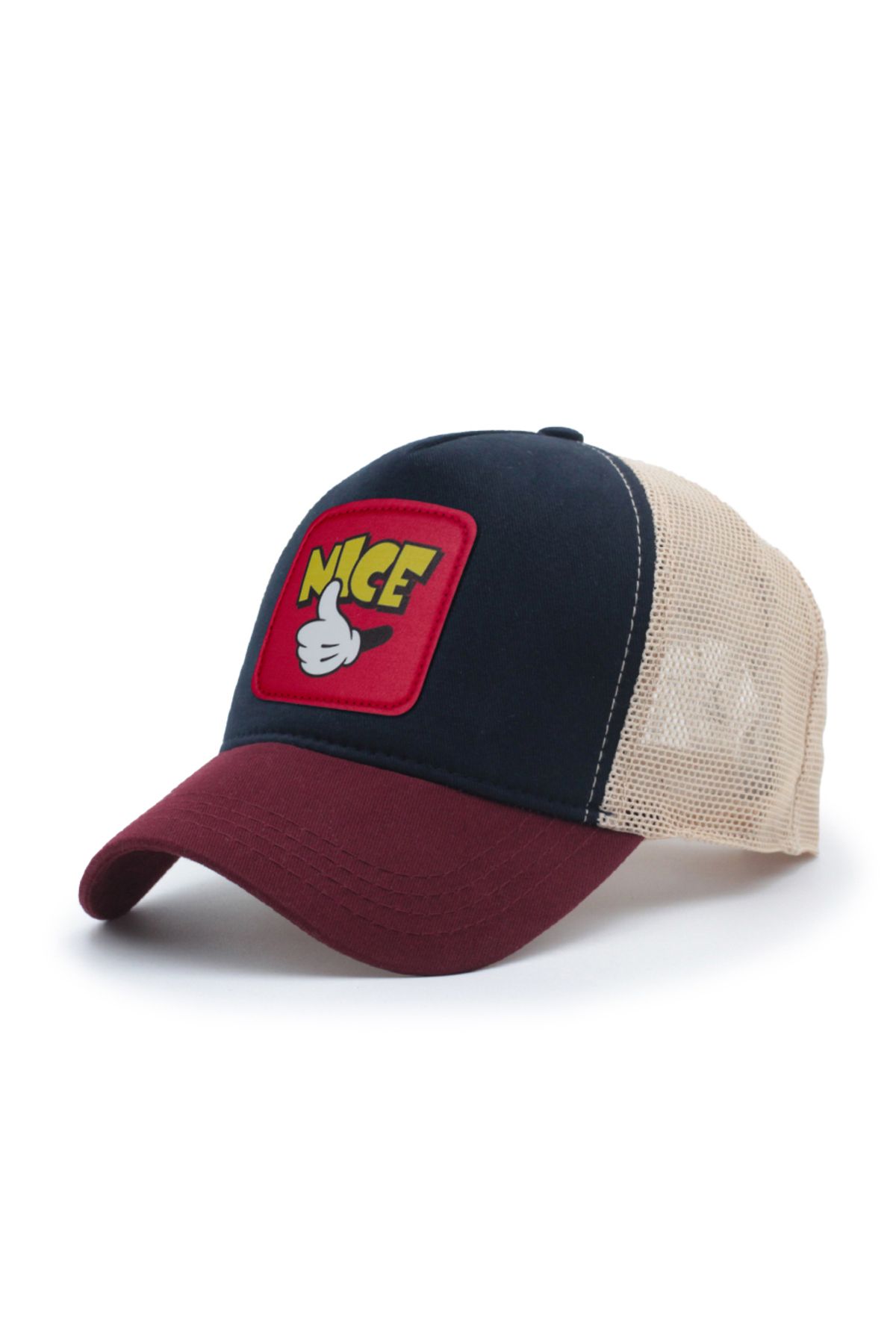 Trucker Mickey Hand Model Değiştirilebilir Armalı Fileli Şapka Bordo Lacivert Krem
