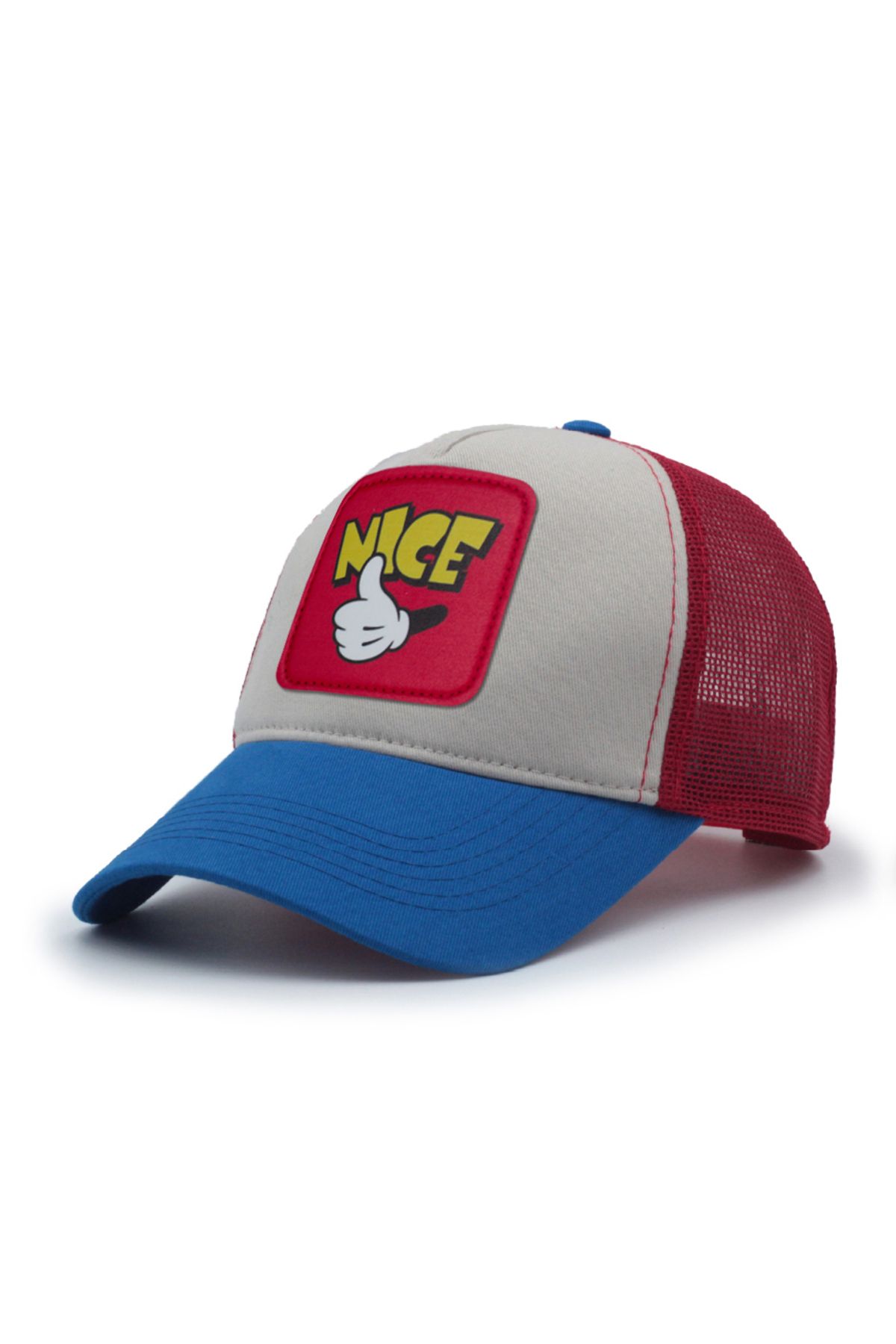 Trucker Mickey Hand Model Değiştirilebilir Armalı Fileli Şapka Mavi Gri Kırmızı