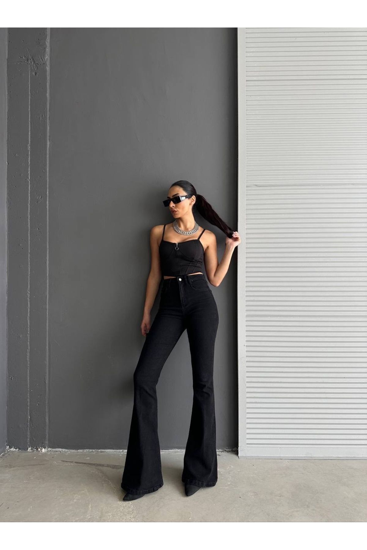 WODDİ Duryn Sude Siyah Ispanyol Kot Yüksek Bel Likralı Esnek Flare Jeans Pantolon 2025