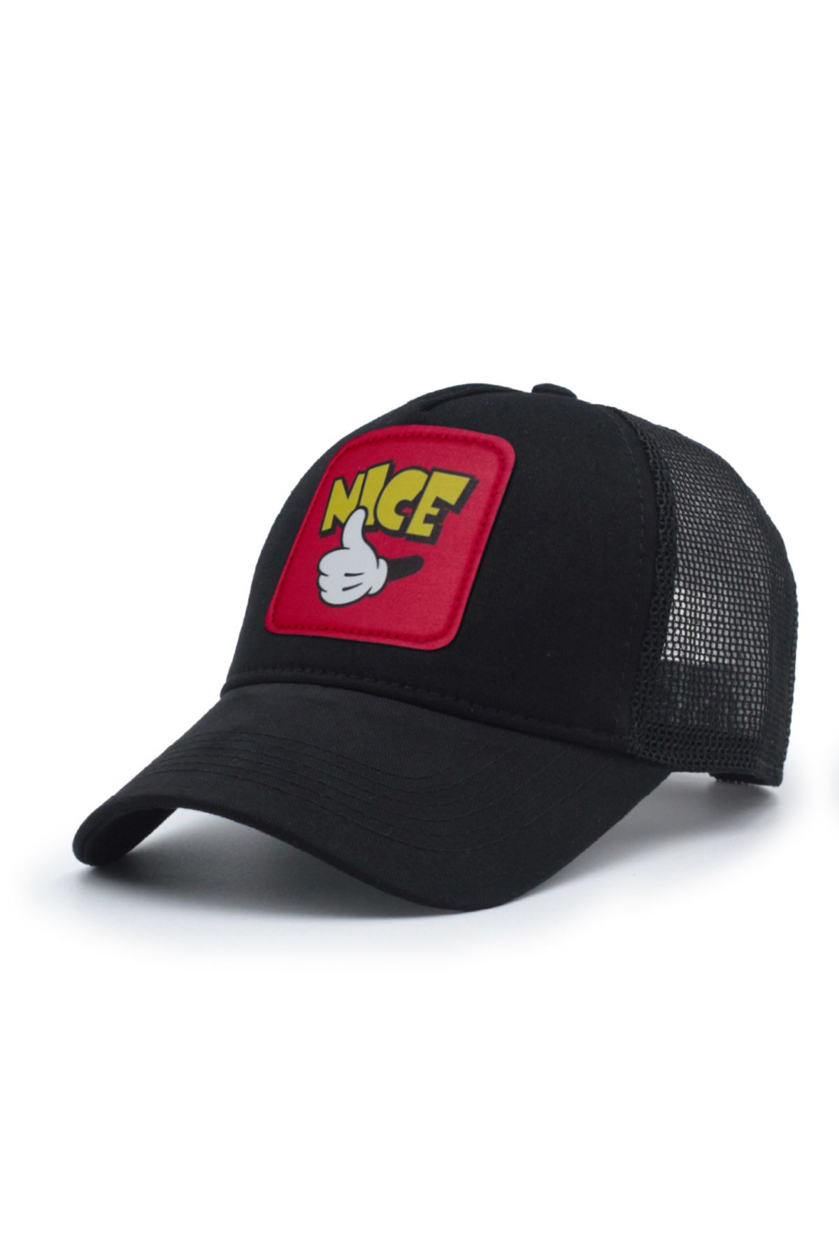 Trucker Mickey Hand Model Değiştirilebilir Armalı Fileli Şapka Siyah