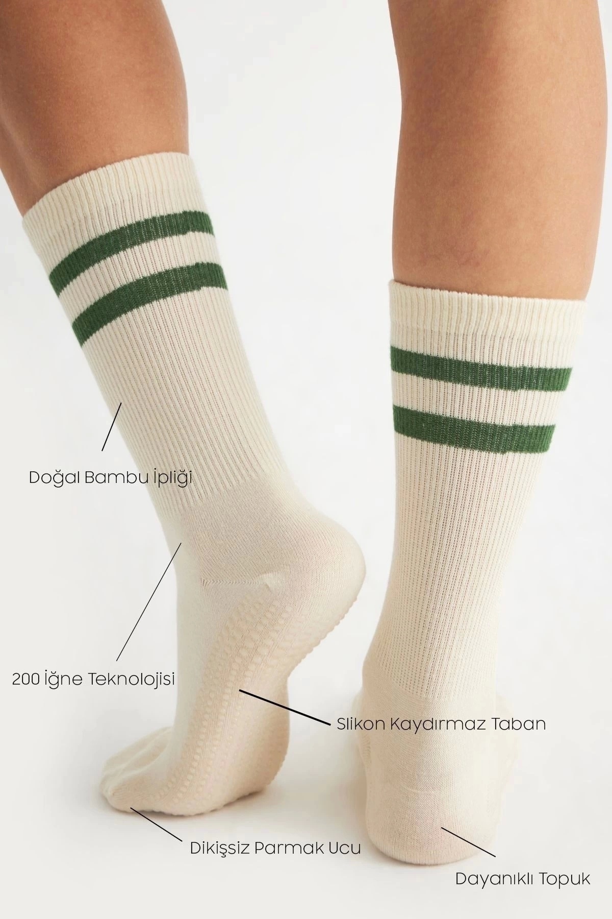 bamboo star Bambu Kadın Ekru Kaydırmaz Taban Silikon Baskı Yoga Fitness Pilates Bale Dans Tenis Çorabı