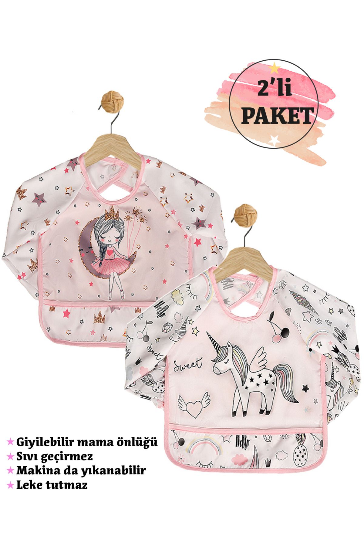 lullabee 2'li Giyilebilir Uzun Kollu Cepli Sıvı Geçirmez Leke Tutmaz Mama ve Aktivite Önlüğü 0-2 Yaş Unicorn