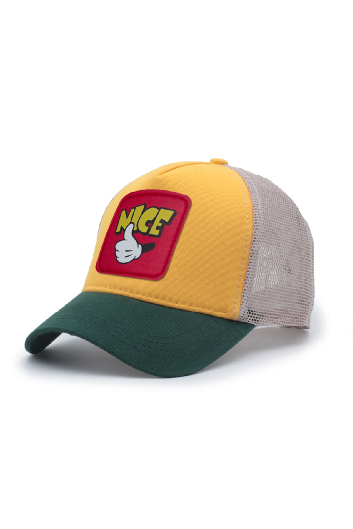 Trucker Mickey Hand Model Değiştirilebilir Armalı Fileli Şapka Yeşil Sarı Krem