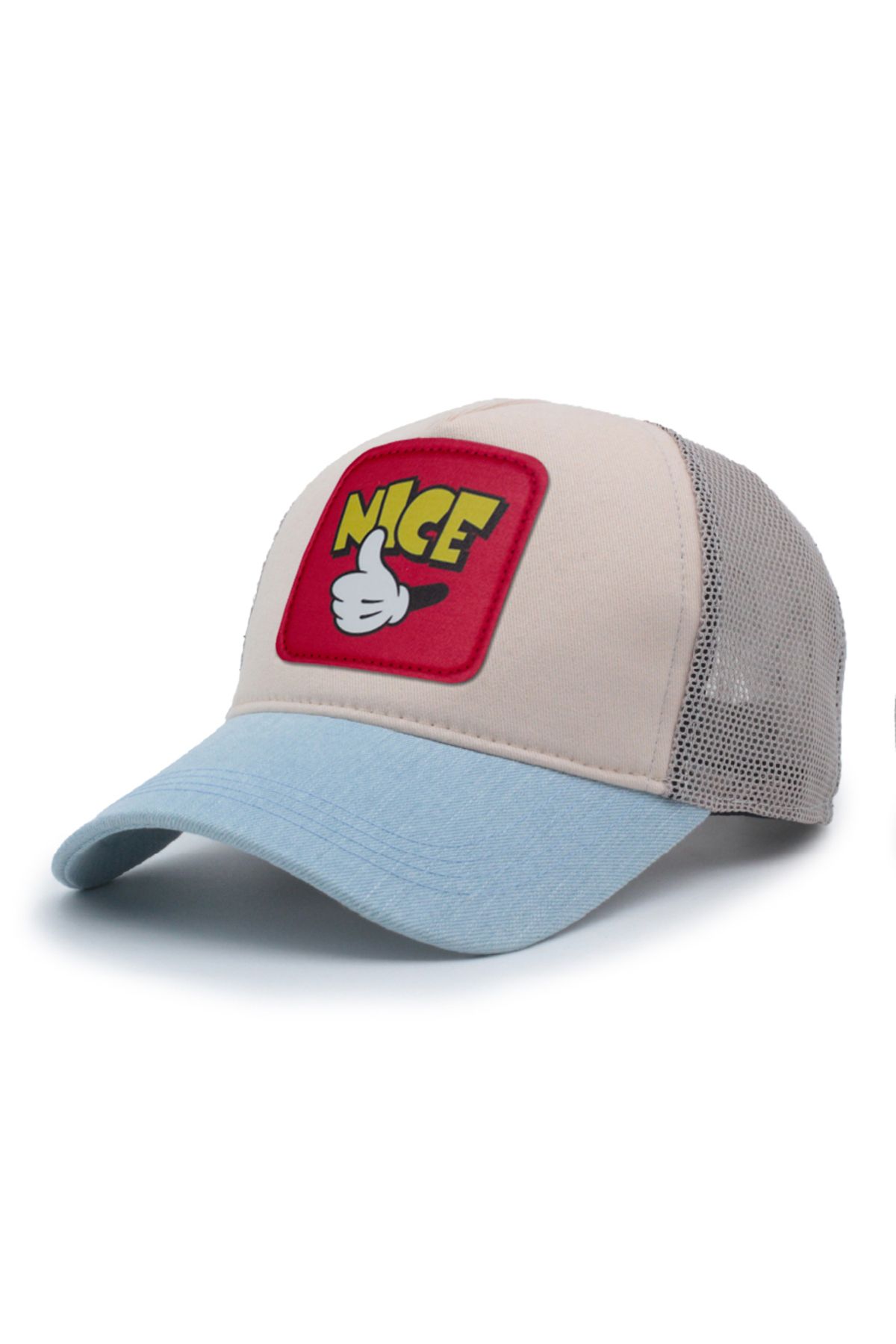 Trucker Mickey Hand Model Değiştirilebilir Armalı Fileli Şapka Mavi Krem