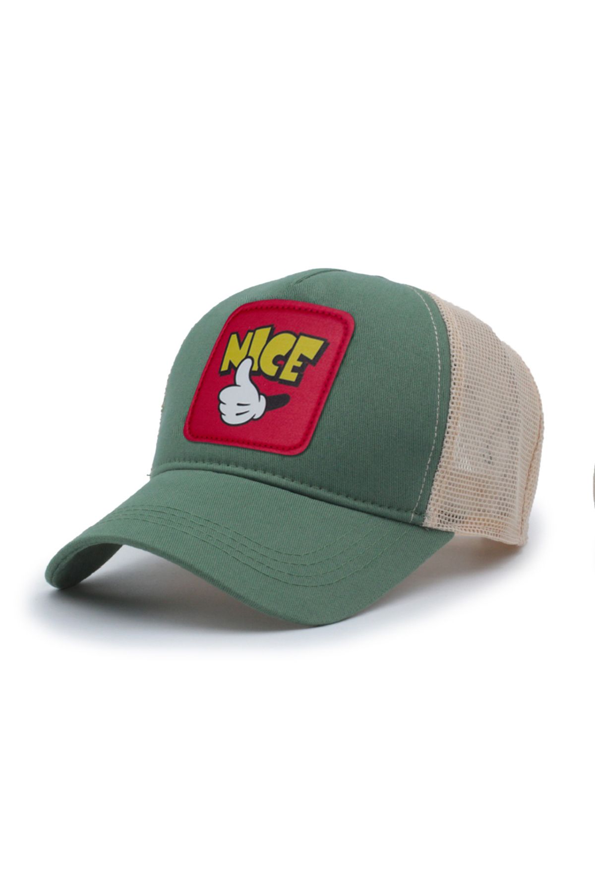 Trucker Mickey Hand Model Değiştirilebilir Armalı Fileli Şapka Yeşil Krem
