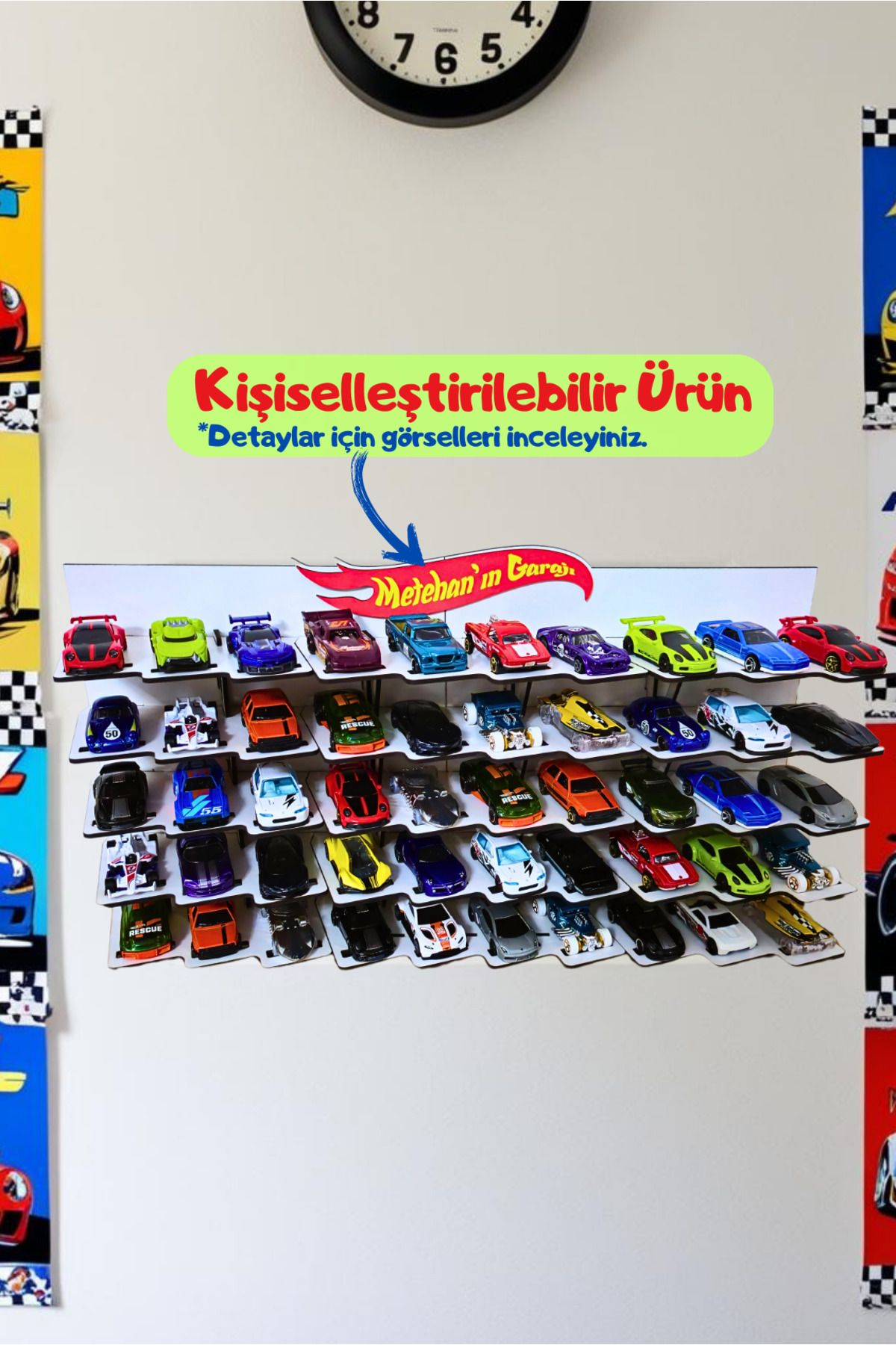 Oyuncak Araba Rafı 50 Araçlık Beyaz - Kişiye Özel - (1/64 ÖLÇEKLİ ARABALAR IÇİN UYGUNDUR)