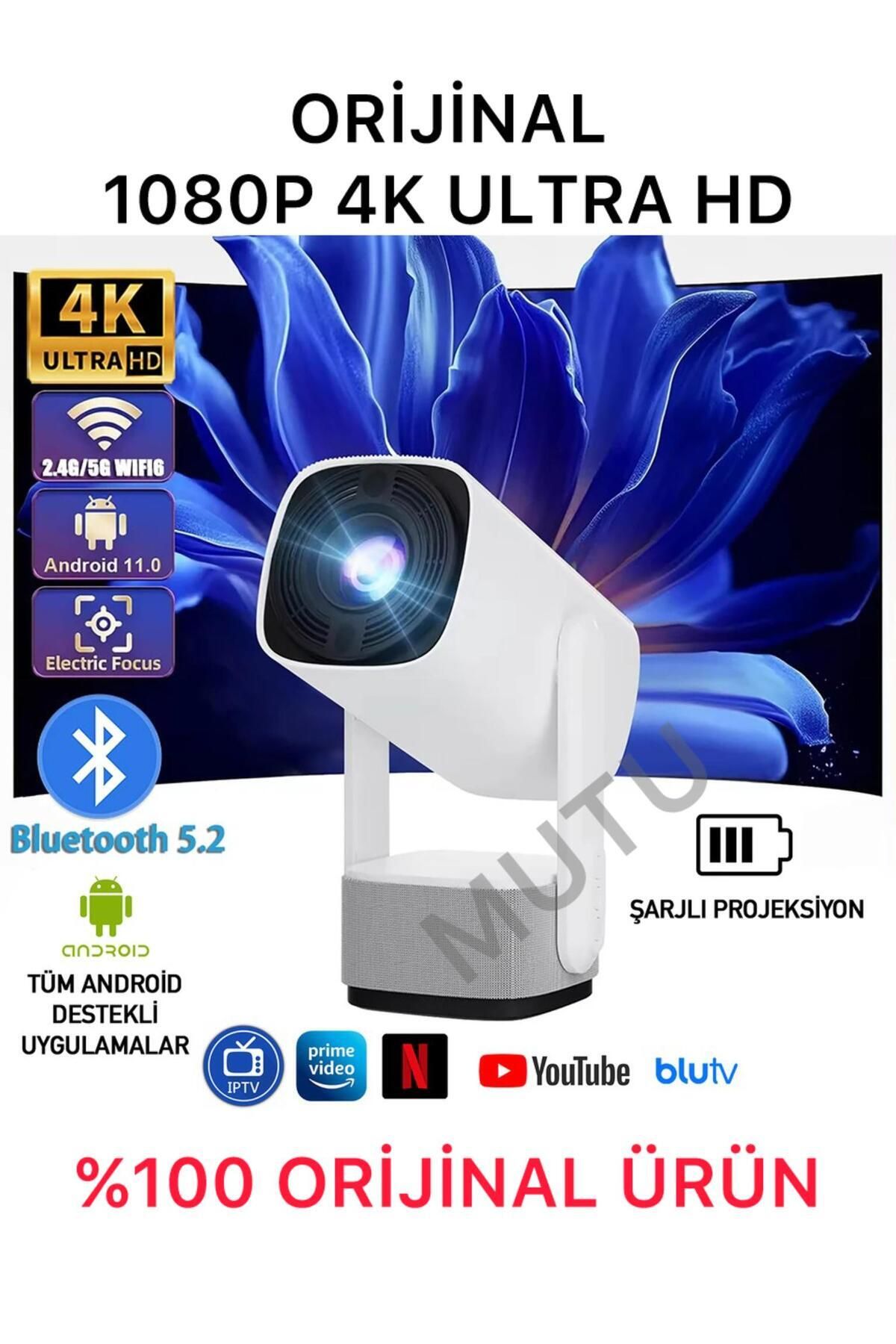MUTU Kablosuz Sonversiyon 1080p 4k Şarjlı Taşınabilir Projeksiyon Android Wifi Bt Akıllı Sinema Projektör