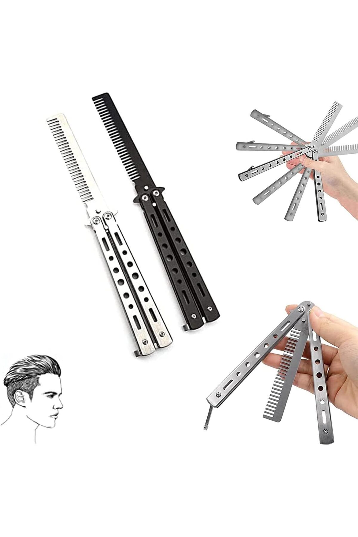 LA PERLA TECH-2 Pieces, Butterfly Comb, Stainless Steel Foldable Pocket Comb, Spring Hair Comb,(Silver, Black) 2