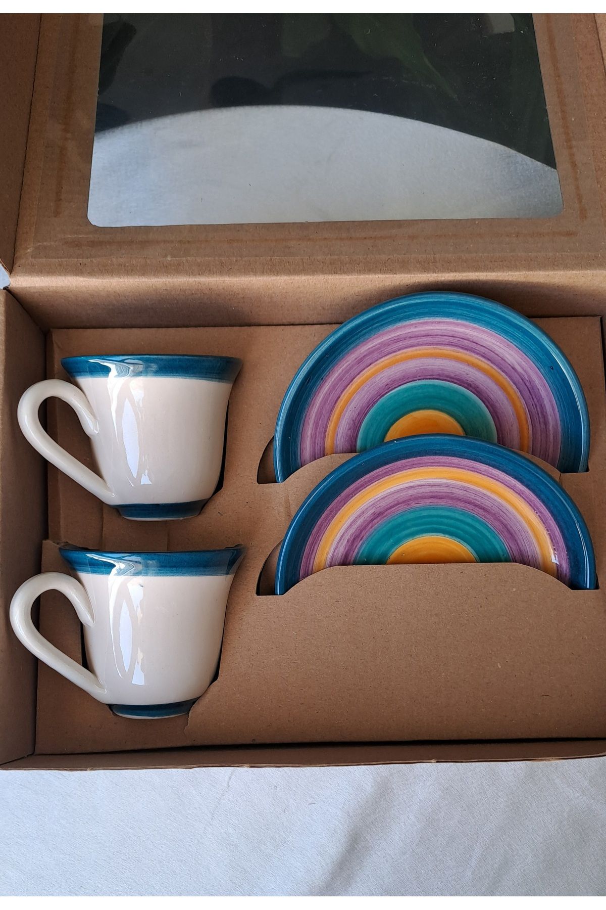 Gonulella-2 Person 4 Piece Colored Ceramic Saucer Coffee Cup - Rainbow Ceramic 3