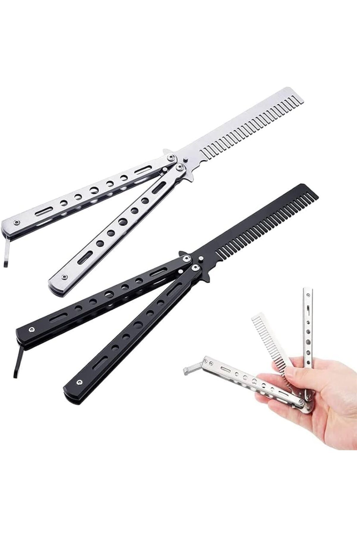 LA PERLA TECH-2 Pieces, Butterfly Comb, Stainless Steel Foldable Pocket Comb, Spring Hair Comb,(Silver, Black) 1