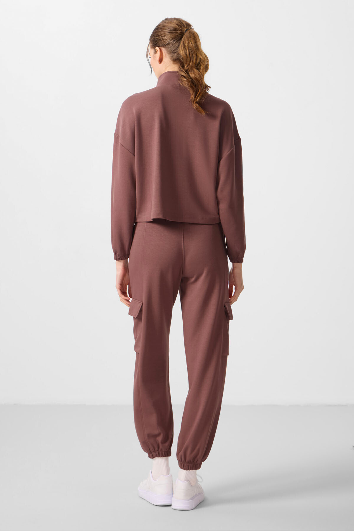 TOMMY LIFE-Brown Soft Textured Stand Collar Hidden Zipper Oversize Women's Tracksuit - 95351 7